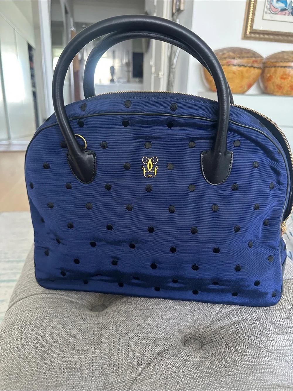 GUERLAIN Navy Blue Polka Dot Dome Cosmetic Bag